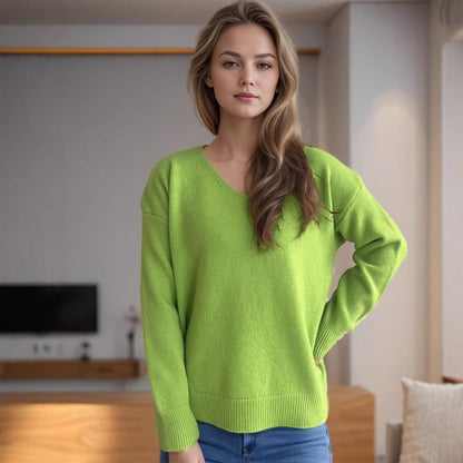 Damen Pullover V-Ausschnitt Weiches Strickmaterial Beige