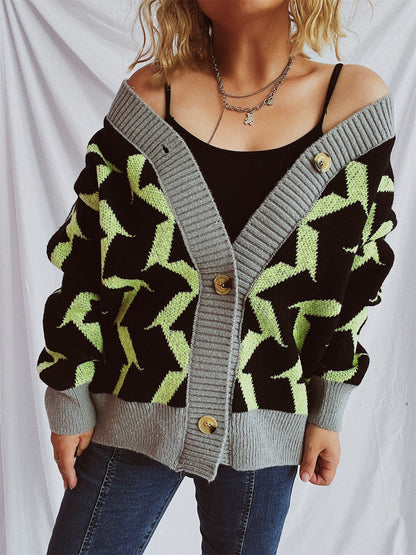 Eveloria Damen Strickjacke Geometrisches Muster Elegante Knöpfe