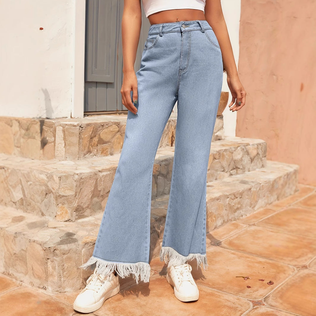 Damen Weite Flared Jeans Fransiger Saum Eveloria - Eveloria