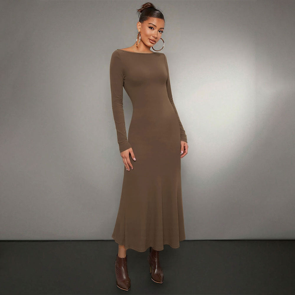 Damen Midikleid Langarm Rundhalsausschnitt Schwarz Eveloria - Eveloria