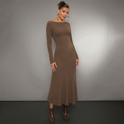 Damen Midikleid Langarm Rundhalsausschnitt Schwarz Eveloria - Eveloria