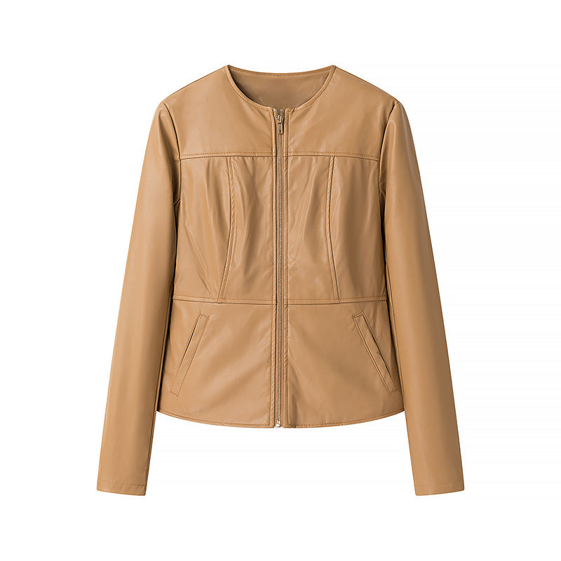 Damen Kunstlederjacke Tailliert Reißverschluss Schwarz Eveloria - Eveloria