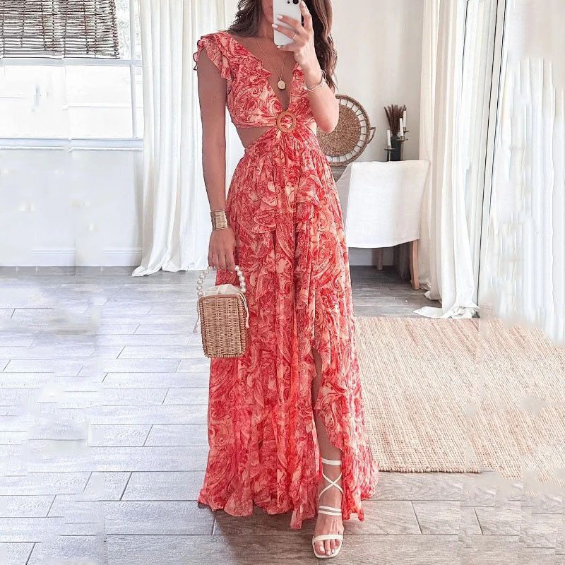 Damen Maxikleid mit Cut-Out-Design und Rüschenausschnitt