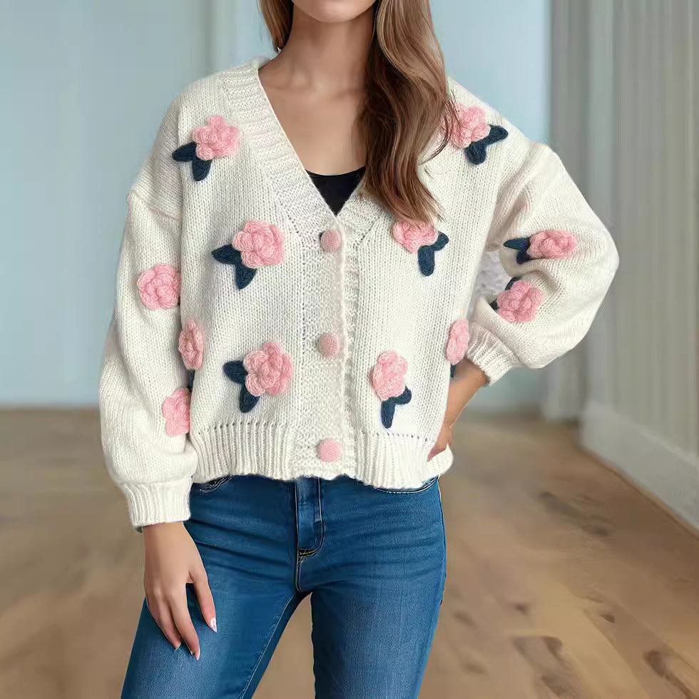 Damen Strickjacke Florales 3D-Design Große Knöpfe