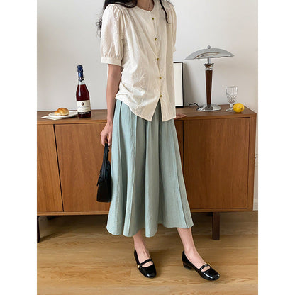 Damen Bluse Puffärmel Knopfdetails Luftig Weiße Bluse