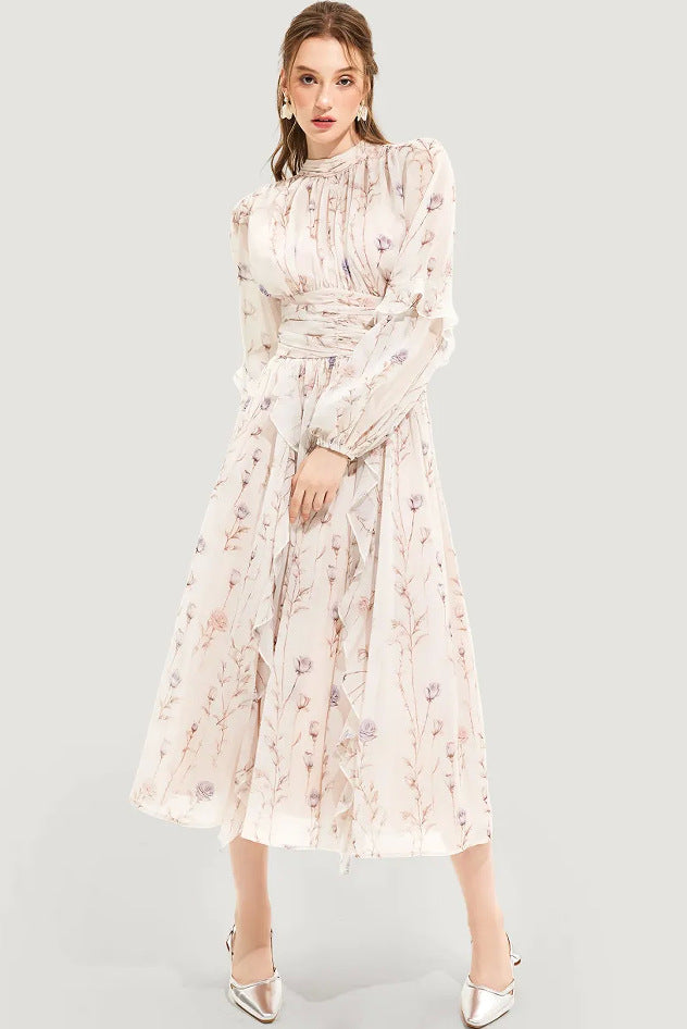 Damen Midi-Kleid Florale Stickerei Rüschensaum Eveloria