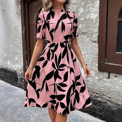 Damen Midi-Kleid Pflanzenmuster Gummizug Eveloria