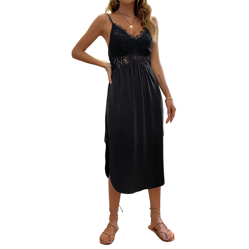 Damen Midi-Kleid Spitzendetails Spaghettiträger Eveloria