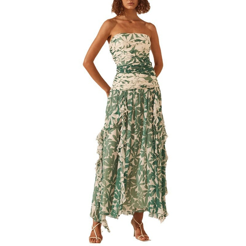 Damen Maxikleid Schulterfrei Rüschen Floral