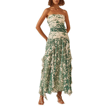Damen Maxikleid Schulterfrei Rüschen Floral
