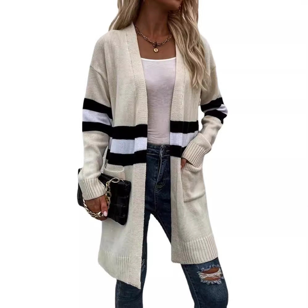Damen Cardigan Grobstrick Lässige Streifen Taschen Beige