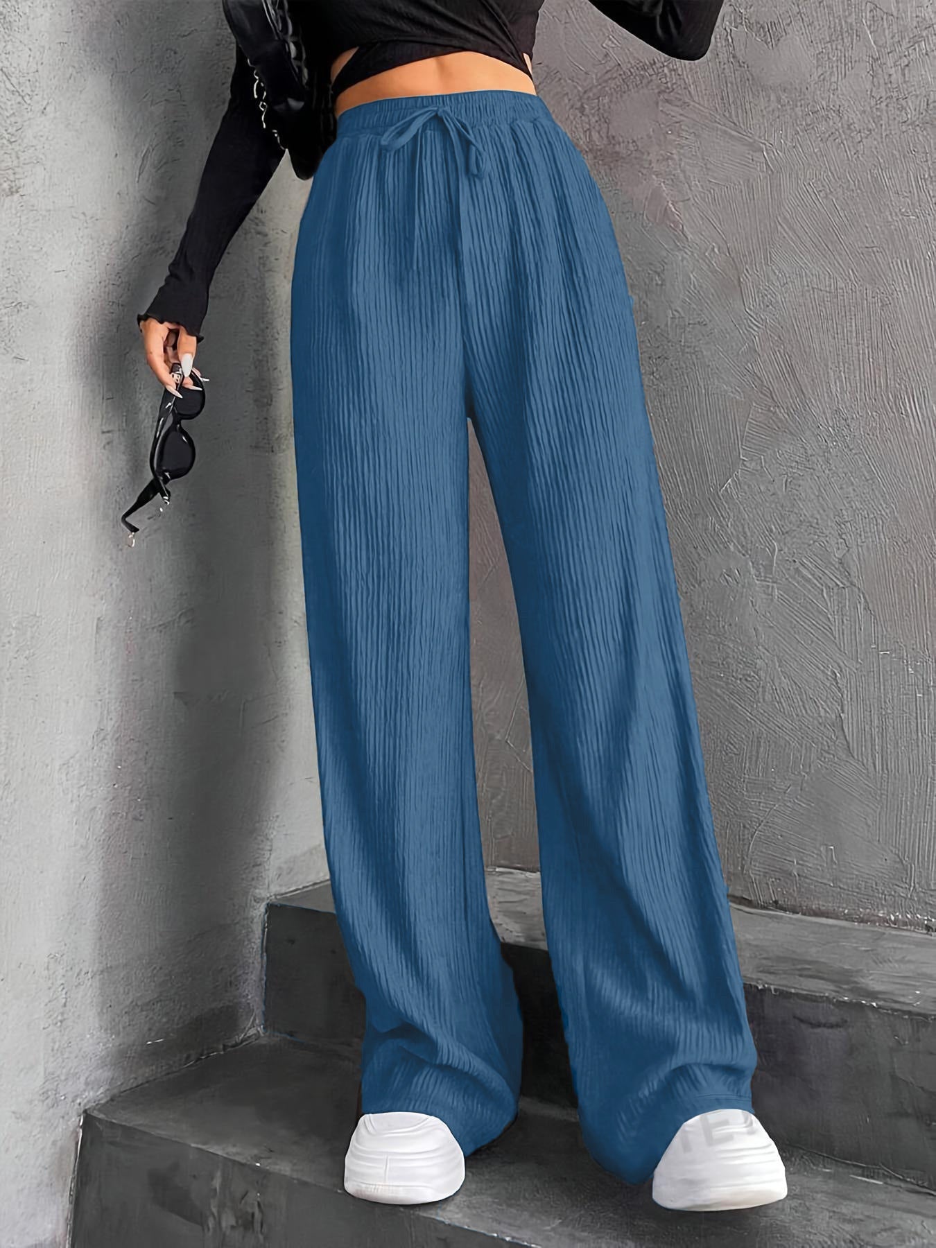 Damen Plissee-Hose Weit mit elastischem Bund und Taschen