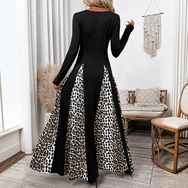 Damen Maxikleid Tiermuster Ärmel Kontrast