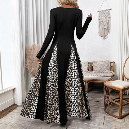 Damen Maxikleid Tiermuster Ärmel Kontrast