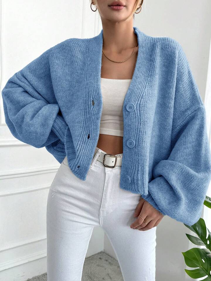 Damen Grobstrickcardigan Lässig Knöpfe Voluminöse Ärmel Beige