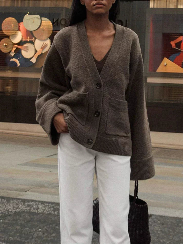 Damen Oversized Cardigan V-Ausschnitt Knopfverschluss - Eveloria