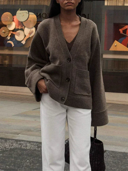 Damen Oversized Cardigan V-Ausschnitt Knopfverschluss - Eveloria