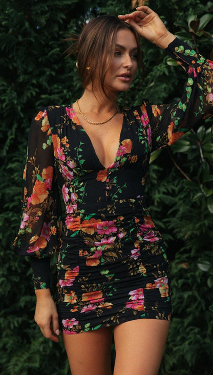 Damen Minikleid Floralmuster Rüschendetails Eveloria