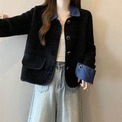 Damen Strickjacke mit Denim Ärmeln und Kontrastfarbe Eveloria