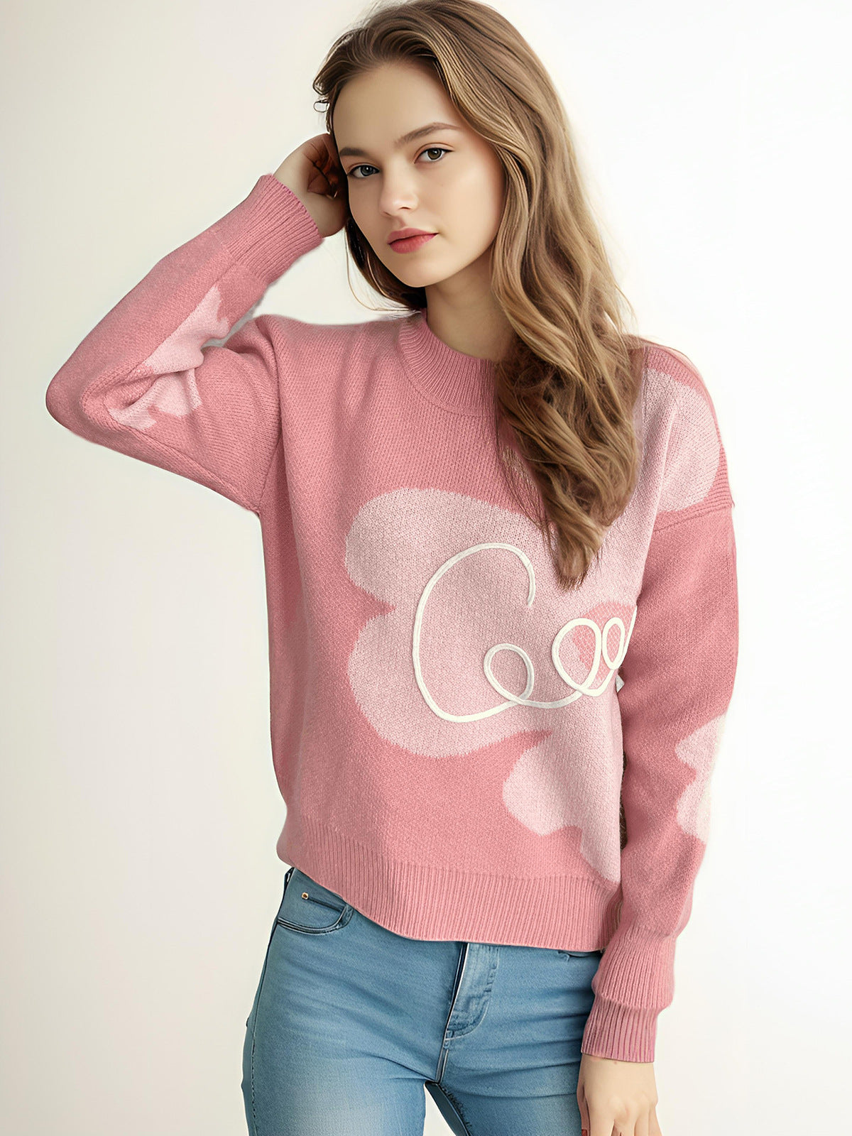 Damen Strickpullover Weich Florales Design Beige