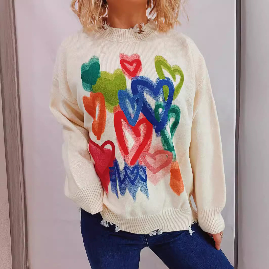 Damen Pullover Bunt Herzdesign Merino - Eveloria