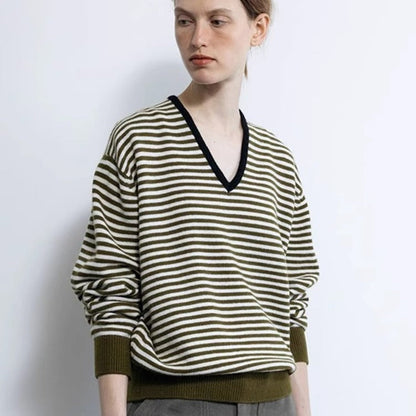 Damen Pullover V-Ausschnitt Streifen Merino Eveloria