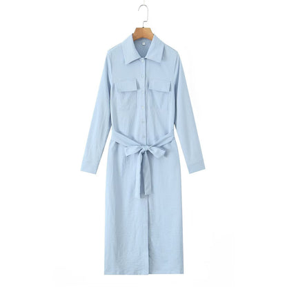 Damen Hemdblusenkleid mit Brusttaschen und Gürtel Tailliert
