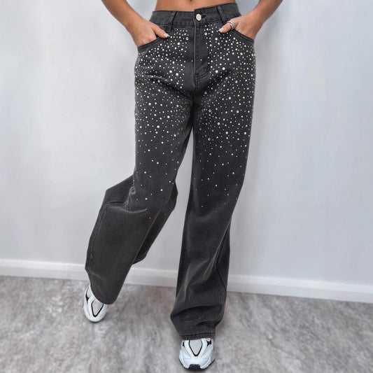 Damen High-Waist Jeans Elegant mit Glitzerdetails Schwarz - Eveloria