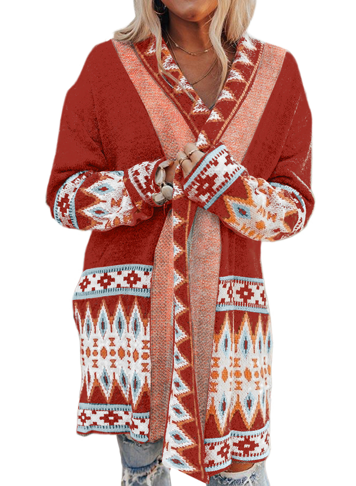 Damen Langarmstrickjacke Geometrisches Muster Offene Taschen Eveloria