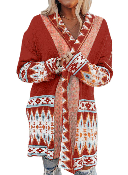 Damen Langarmstrickjacke Geometrisches Muster Offene Taschen Eveloria