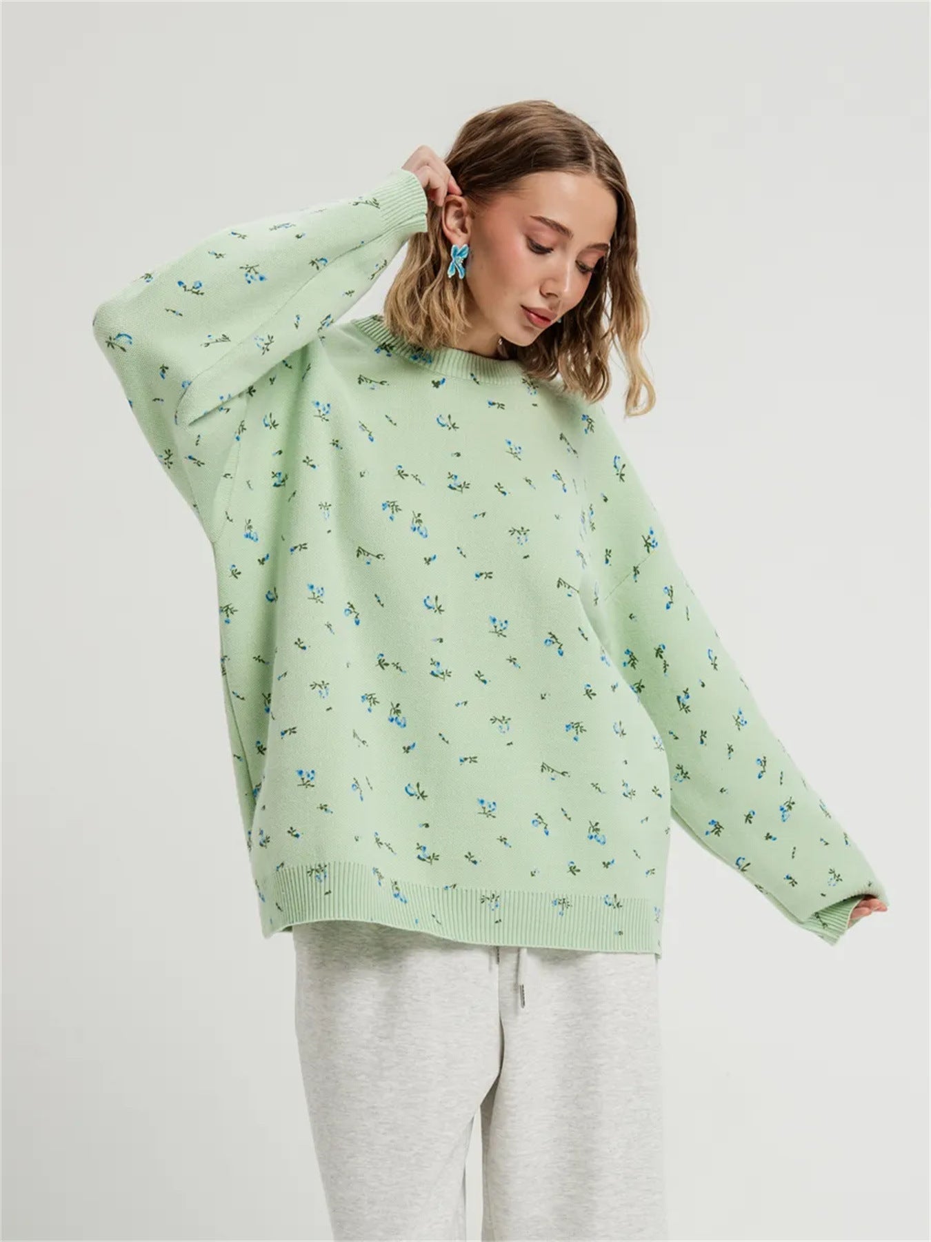 Damen Sweatpullover Oversized Floralmuster Grün Eveloria