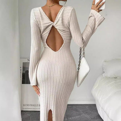 Damen Langarm Strickkleid Rundhalsausschnitt Figurbetonend