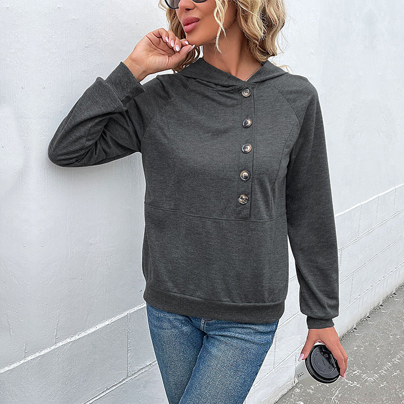 Damen Kapuzenpullover Lässig Knopfdetails Moderner Schnitt