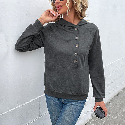 Damen Kapuzenpullover Lässig Knopfdetails Moderner Schnitt
