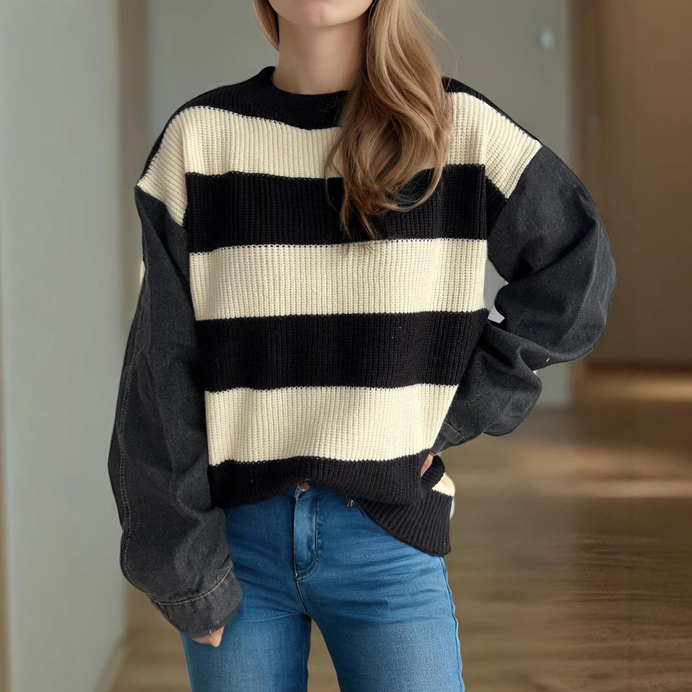 Damen Oversized Pullover Streifen Weiches Baumwoll-Mix Beige - Eveloria