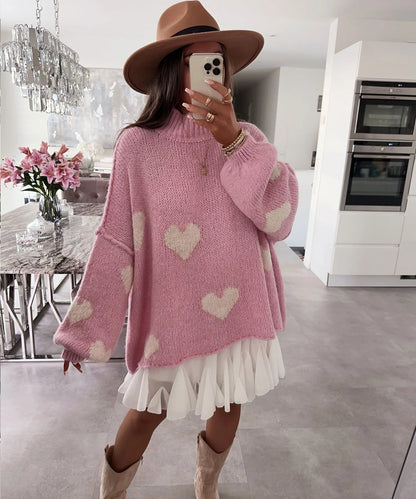 Damen Oversized-Pullover Herz-Muster Voluminöse Ärmel Grau