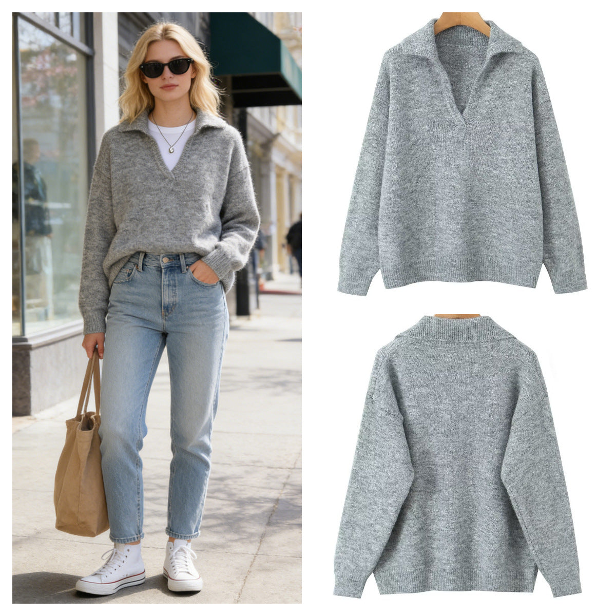 Damen Strickpullover Stehkragen V-Ausschnitt Eveloria - Eveloria