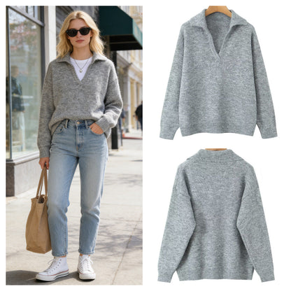 Damen Strickpullover Stehkragen V-Ausschnitt Eveloria - Eveloria