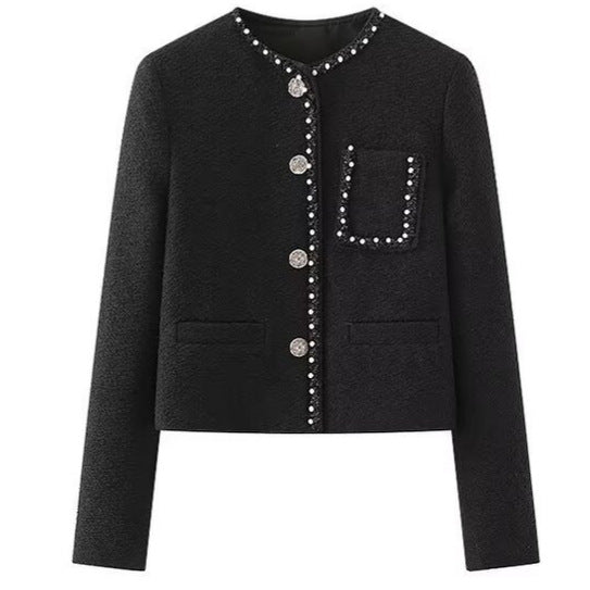 Eveloria Damenjacke Perlenkragen Praktische Taschen Elegant Schwarz - Eveloria