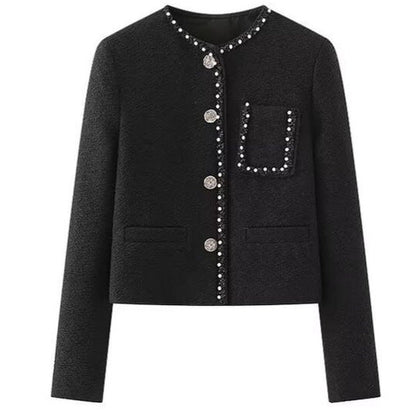 Eveloria Damenjacke Perlenkragen Praktische Taschen Elegant Schwarz - Eveloria
