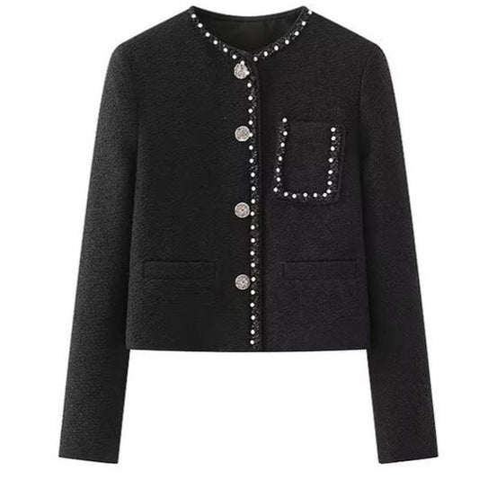 Eveloria Damenjacke Perlenkragen Praktische Taschen Elegant Schwarz - Eveloria