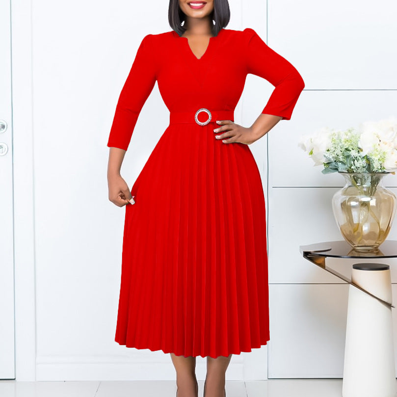 Damen Midikleid Plissé Optik Taillengürtel Eveloria