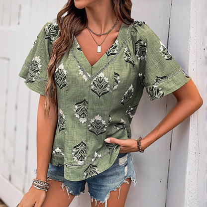 Damen Bluse Floralmuster V-Ausschnitt Eveloria