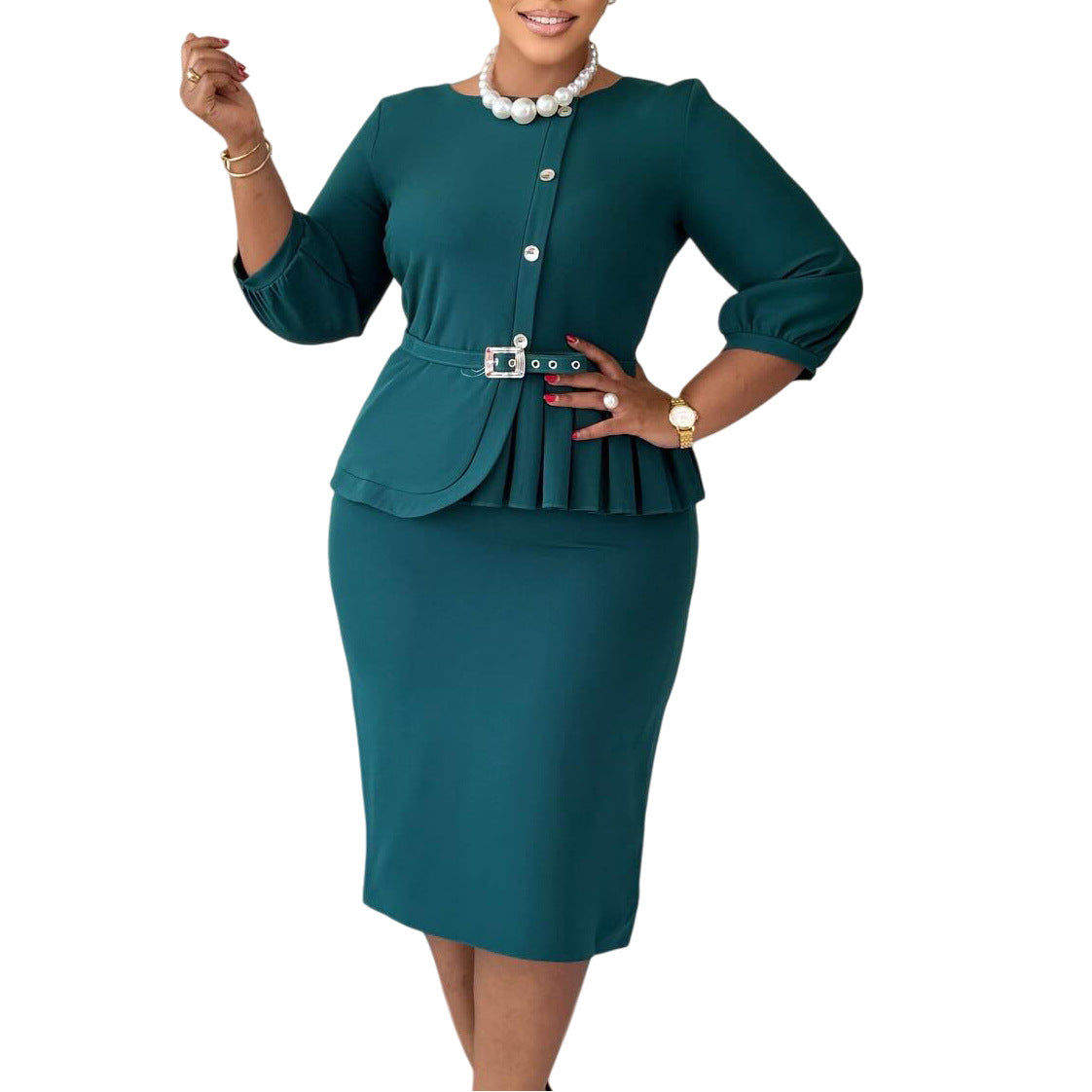 Damen Etuikleid Taillierter Gürtel Peplum Saum Eveloria