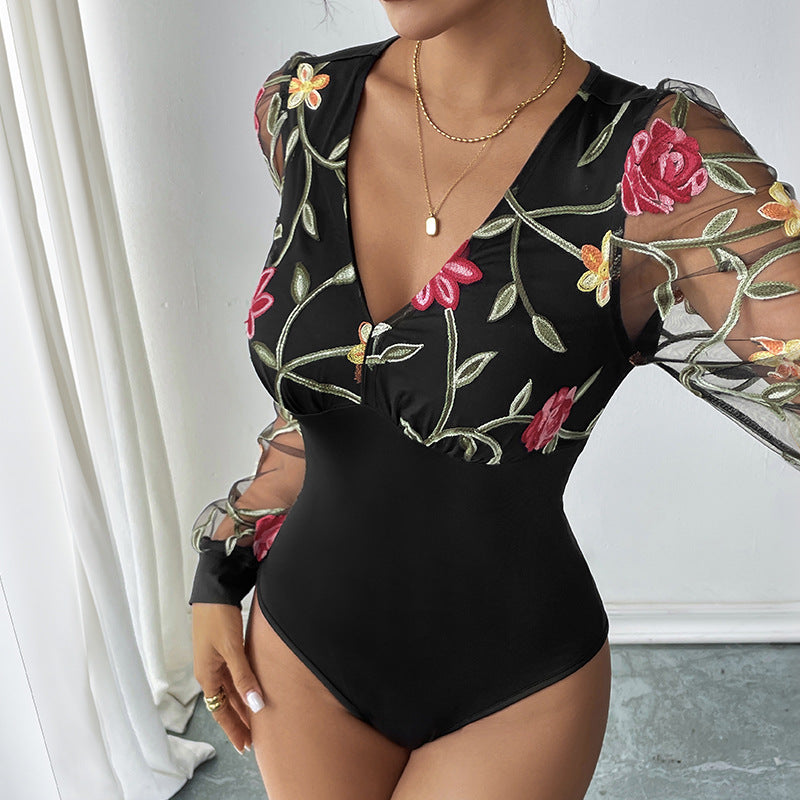 Damen Body mit Puffärmeln und V-Ausschnitt Bestickt Transparent