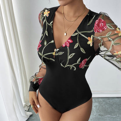 Damen Body mit Puffärmeln und V-Ausschnitt Bestickt Transparent