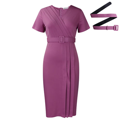Damen Midi-Kleid Asymmetrisch Wickeldesign Gürtel Eveloria
