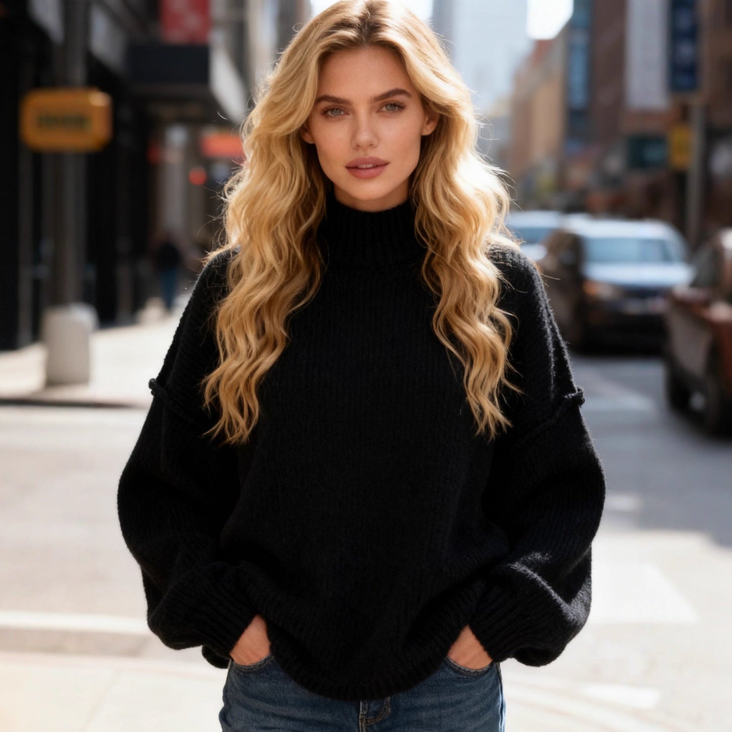 Damen Strickpullover Lässig Weite Ärmel Leicht Beige