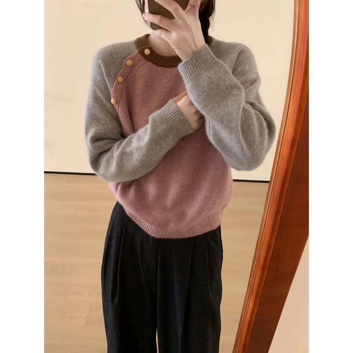 Damen Strickpullover Große Knöpfe Kuschelig Grau Eveloria
