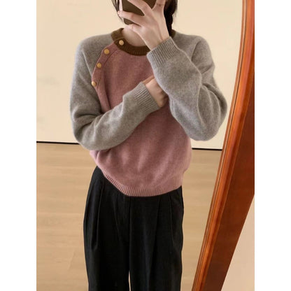 Damen Strickpullover Große Knöpfe Kuschelig Grau Eveloria